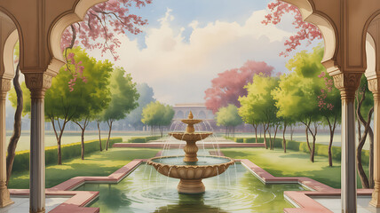 Mughal-inspired watercolor illustration of paradise garden with fountains

