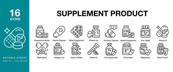 Supplement Product icon set. Includes supplement, health, nutrition, care, product, medicine and More. Editable Stroke Icon Collection.