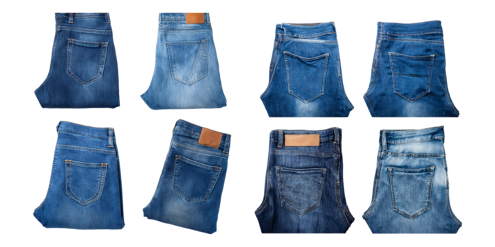Different Styles of Blue Denim Jeans Displayed Top View, set collection, mega bundle, isolated on transparent background