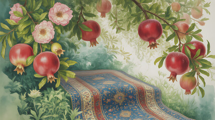 Artistic watercolor of royal Mughal garden landscape
