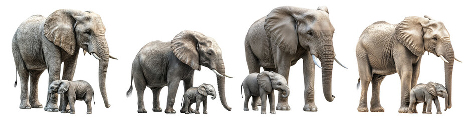 Obraz premium Family of Elephants Walking Together in Natural Habitat Display, Isolated on Transparent Background