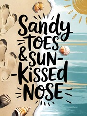 Cute and casual typography artwork of the quote Sandy Toes & Sun-Kissed Nose with footprints, seashells, and sun doodles around the words