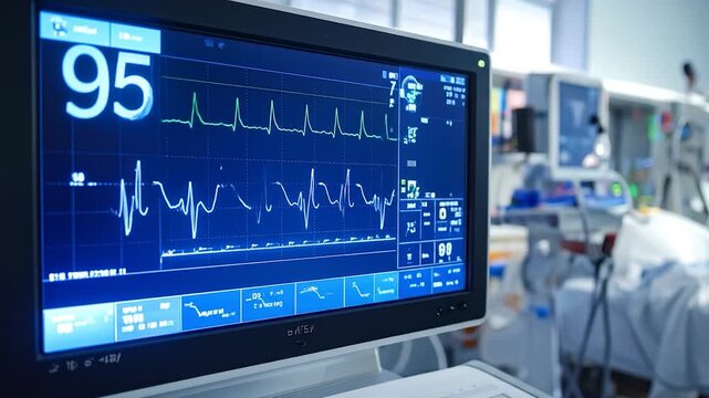 A medical monitor displays vital signs, including heart rate and waveforms, in a hospital room