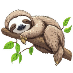 A cute sloth sleeping peacefully on a branch isolated on transparent background, symbolizing relaxation, tranquility, and the beauty of natures gentle creatures