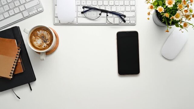 Minimalist desk, overhead, with keyboard, two mice, coffee, notebooks, glasses, plant, and a hand holding phone