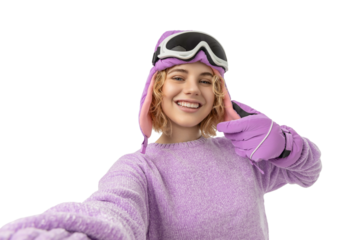 Skier preps for a New Year adventure, isolated, PNG