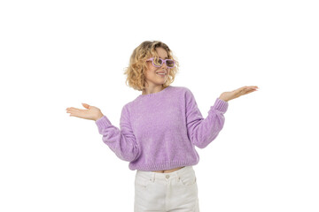 Woman in sweater excited for winter, New Year, isolated, PNG