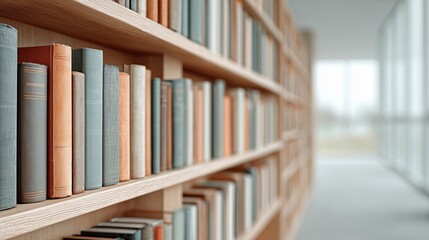 Obraz premium Close-Up View of Books on Wooden Shelves in Modern Library Interior with Natural Light