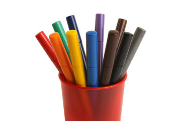 Vibrant markers in a red cup ready for creative art projects now