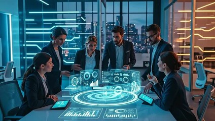 Diverse team collaborates around futuristic holographic display in modern office. - Powered by Adobe