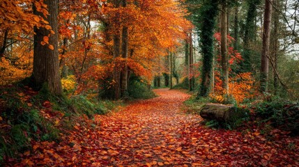 Fototapeta premium A path in a forest with orange and red leaves, leading to a log, surrounded by trees and bushes, with a clear blue sky above.