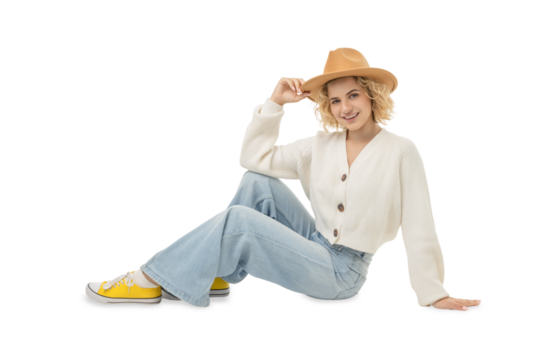 Woman in sweater and hat enjoys winter vibes, isolated, PNG