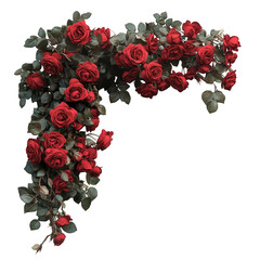 A lush corner arrangement of red roses and green leaves isolated on transparent background, perfect for adding a touch of romance and elegance to any design