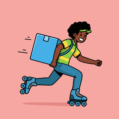 A smiling male courier with an afro and a large blue delivery box is skating fast on roller skates to deliver a package.