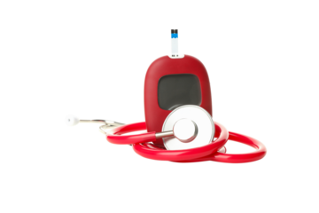 Blood glucose meter and stethoscope on white background, isolated, PNG