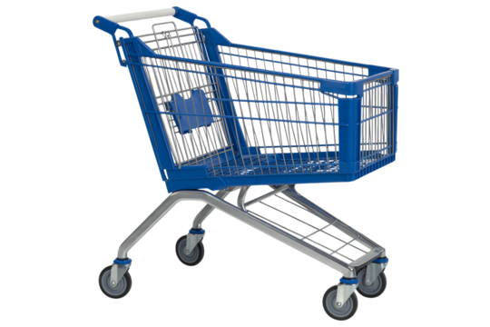 Blue shopping cart ready for retail sales and grocery shopping needs