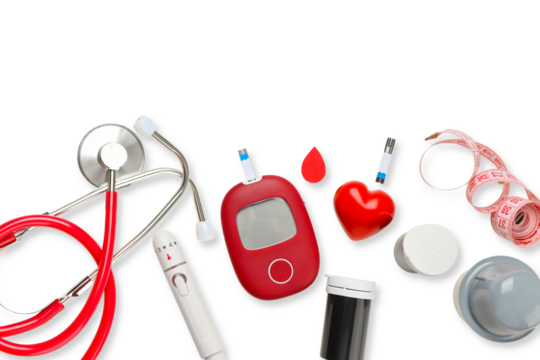 Diabetes monitoring items on a white background, isolated, PNG