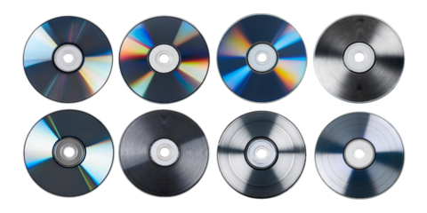 Colorful Compact Discs Displayed in a Grid Pattern on a White Background, isolated on transparent background