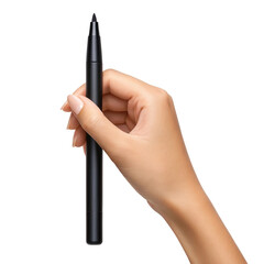 Close-up hand holding a thin stylus pen for digital drawing or writing isolated on white background