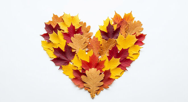 Heart shape made of colorful autumn maple leaves isolated on white background, symbolizing love for the fall season - Powered by Adobe