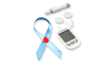 Diabetes awareness items with blue ribbon and testing tools, PNG