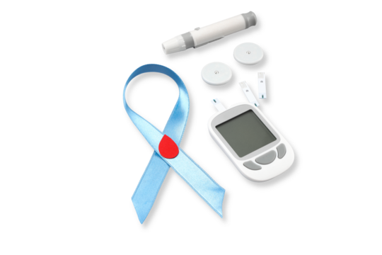 Diabetes awareness items with blue ribbon and testing tools, PNG