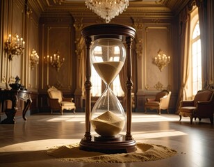 Oversized hourglass in opulent room; time is running out