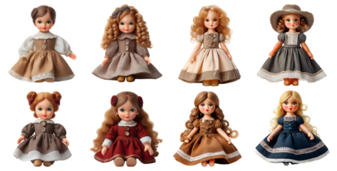 Vintage Doll Collection with Diverse Styles and Hairstyles, isolated on transparent background