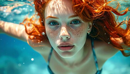 Portrait of a woman with red hair and freckles underwater, looking directly at the viewer