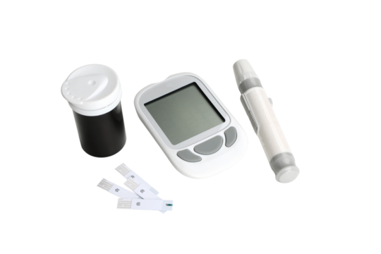 Diabetes tools: meter, lancet, and test strips, isolated, PNG