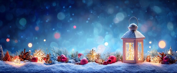 Christmas Lantern With Decorations on Snowy Background.