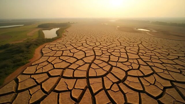 Aerial view of drought?stressed cropland demonstrating climate impact agriculture through visible soil cracking and reduced vegetation patterns under hazy sky in  Photo Stock  Concept  and empty space