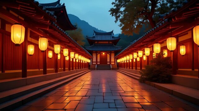Panoramic scene of temple grounds adorned with rows of glowing paper lanterns hung from wooden beams creating a luminous pathway through stone courtyard in  Photo Stock  Concept  and empty space on th