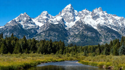 Snow capped mountains with forest and river