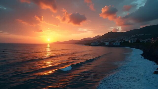 Dramatic sunrise view over coastal town partially submerged illustrating rising ocean threat scenarios for disaster planning workshop in  Photo Stock  Concept  and empty space on the left side