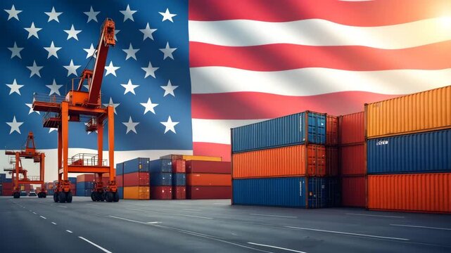 Artistic composition of American flag and containers at port yard symbolizing national trade identity and import?export strength backdrop in  Photo Stock  Concept  and empty space on the left side