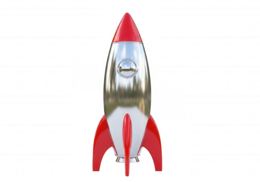 Shiny red and silver rocket ship isolated on a transparent background