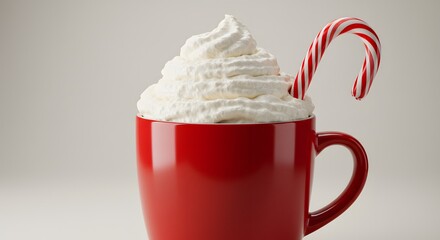 Red mug filled with whipped cream, candy cane, on a soft gray backdrop