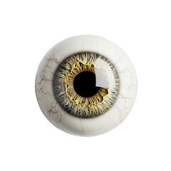 A detailed human eyeball isolated on transparent background, featuring a golden iris and visible blood vessels, creating a striking and slightly unsettling visual element
