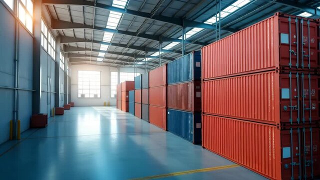 Overhead shot of LCL/LTL freight containers stacked for export in bright warehouse captioned �Customs and Taxes USA� on digital overlay in  Photo Stock  Concept  and empty space on the left side