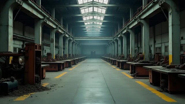 Abandoned factory floor illustrating manufacturing decline USA with rusted machinery and empty assembly lines under dim industrial lighting in  Photo Stock  Concept  and empty space on the left side