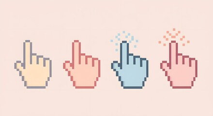 Pixelated hand cursors showing touch and click actions, various colors, on a pale background