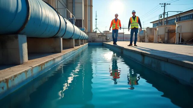 Operators inspecting water treatment plant clarifier tanks by sampling inlet and outlet flows to measure solids removal efficiency and chemical dosing accuracy in  Photo Stock  Concept  and empty spac