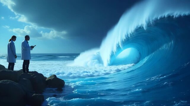 Scientists modeling natural disaster wave propagation across coastal regions using high resolution bathymetry data predictive simulations and early warning protocols in  Photo Stock  Concept  and empt