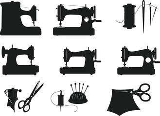 Sewing machine, tailoring tools, thread, needle, scissors, corset, pincushion, fabric, silhouette icons, fashion design, garment, stitch, textile, craft, handmade, vintage, black, 