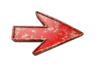 A weathered red arrow pointing right isolated on transparent background, suggesting direction, guidance, and a sense of rustic charm with its worn texture