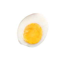 Top view of unpeeled cooked or boiled chicken eggs in a half with egg yolk isolated on white background with clipping path