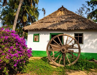 Obraz premium Thatch-roofed white hut, colorful flowers, aged wooden wheel