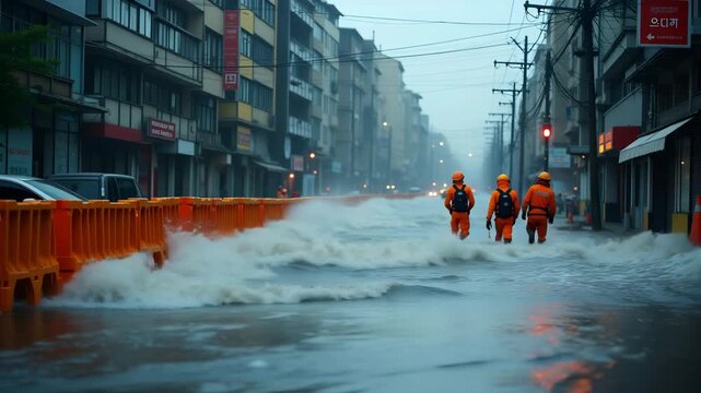 High?contrast image of storm surge confusion with water rushing through urban barriers submerged streets and emergency crews coordinating rescue operations in  Photo Stock  Concept  and empty space on