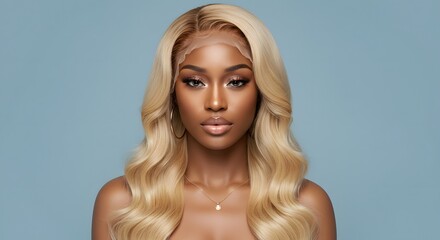 Portrait of a woman with wavy blonde hair, soft features, & elegant makeup against a light blue backdrop
